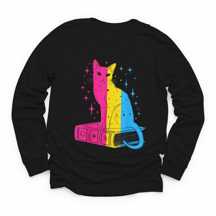 Pansexual Pride Celestial Cat Sitting Book LGBTQ Pan Colors Men Women Youth Long Sleeve Tee