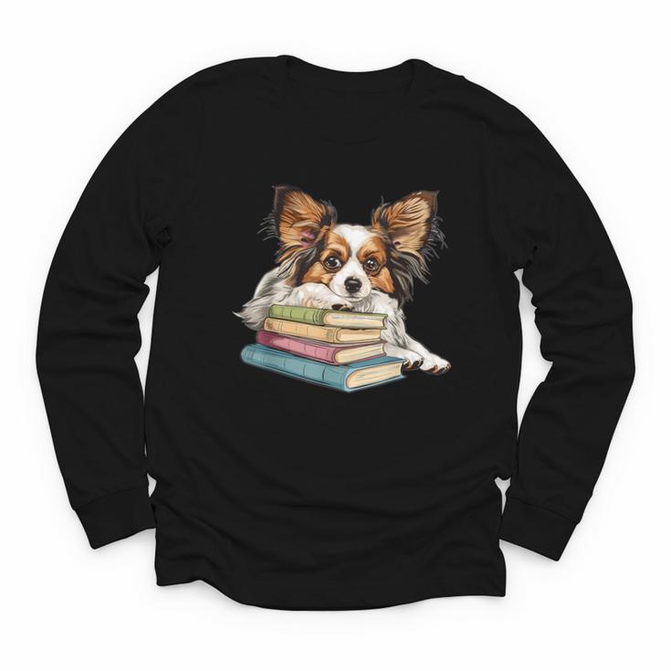 Papillon Books Reading Dog Breed Graphic For Men Women Kids Youth Long Sleeve Tee