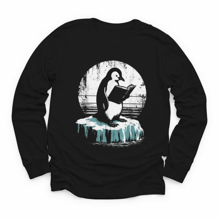 Penguin Reading A Book Vintage Graphic Bookworm Lover Youth Long Sleeve Tee