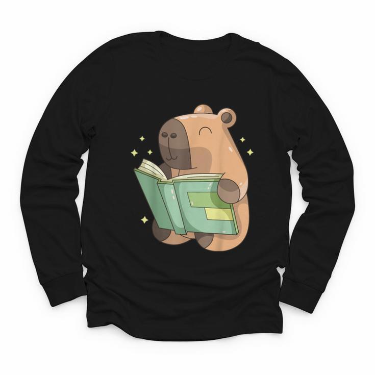 Pet Capybara Is Reading Library Capy Word Book Day Teacher Men Women Kids Youth Long Sleeve Tee