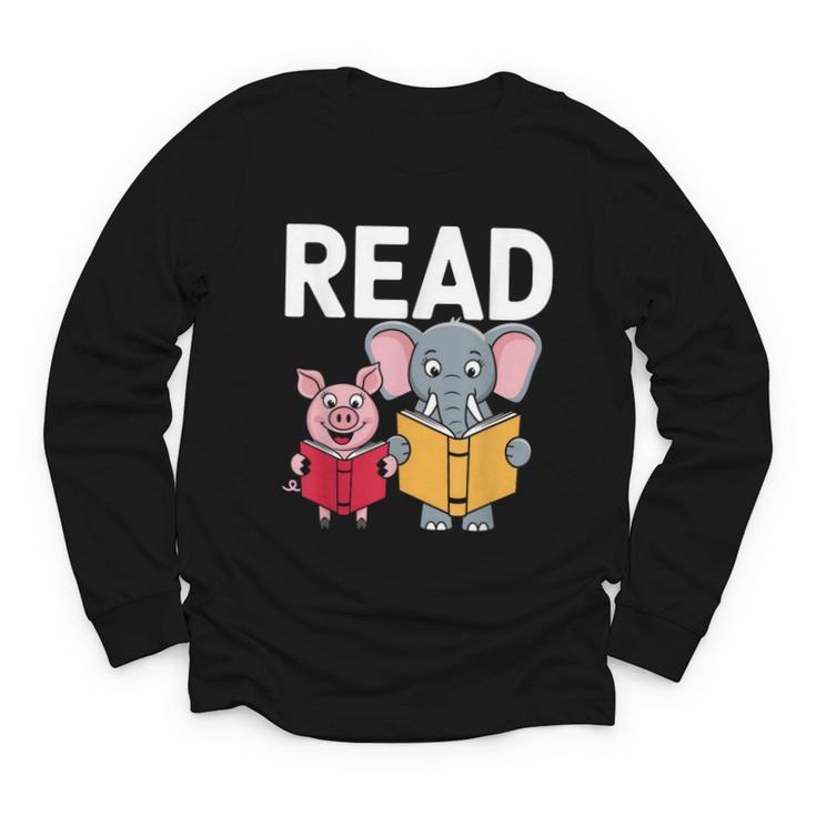 Pig Elephant Reading Cute Book Lover Bookworm Boys Girls Kid Youth Long Sleeve Tee