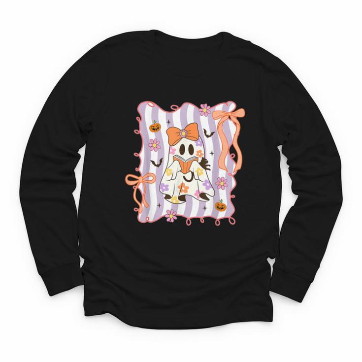 Preppy Coquette Bow Ghost Reading Books Halloween Book Youth Long Sleeve Tee