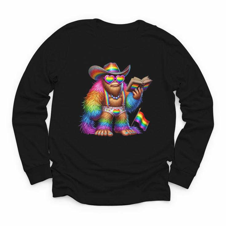 Rainbow Pride Bigfoot Reading Book With Heart Glasses Youth Long Sleeve Tee