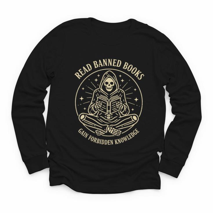 Read Banned Books Gain Forbidden Knowledge Skeleton Youth Long Sleeve Tee