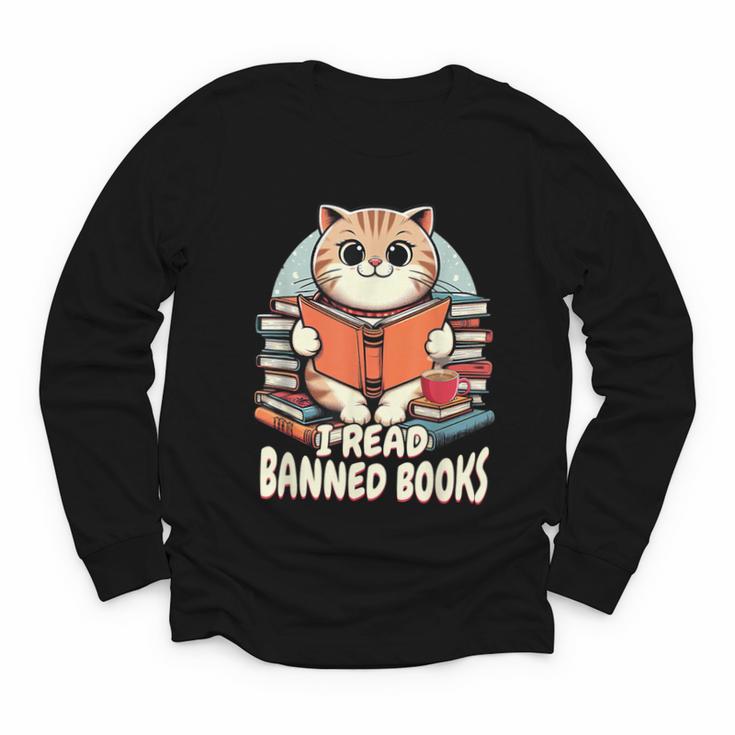 I Read Banned Books Shirt Cat Lover Bookworm Reader Men Women Kids Youth Long Sleeve Tee