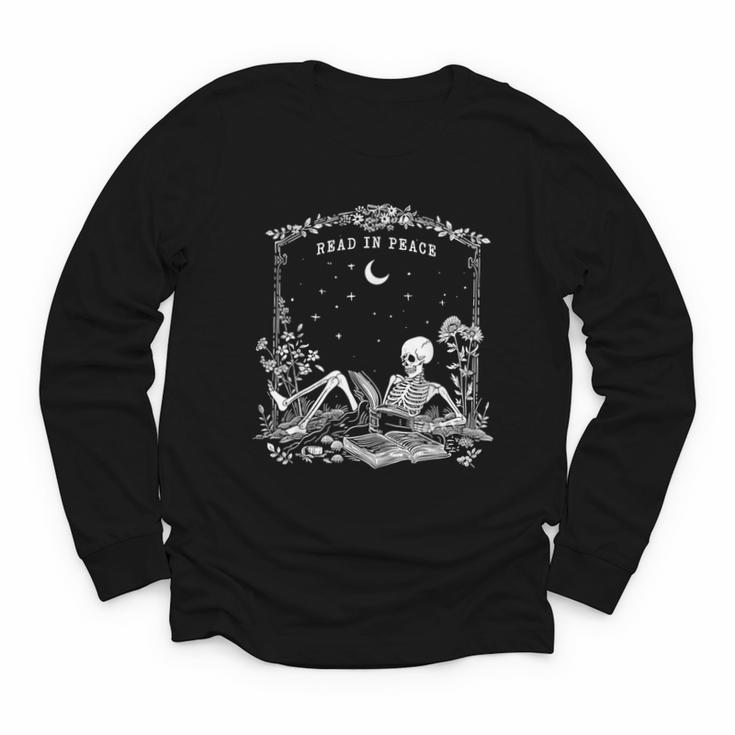 Read In Peace Skeleton Reading Book Halloween Bookish Youth Long Sleeve Tee