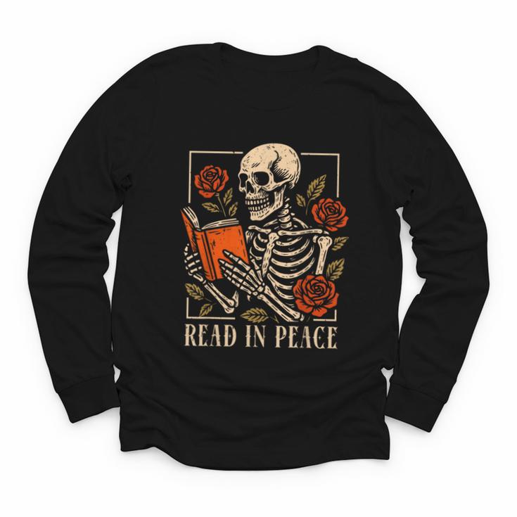 Read In Peace Skeleton Reading Book Halloween Teacher Youth Long Sleeve Tee