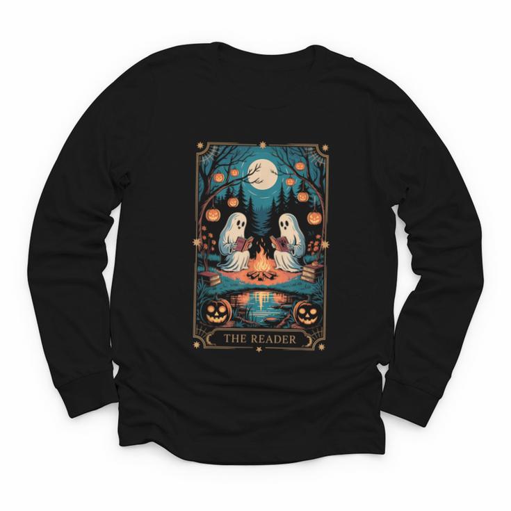 The Reader Bookish Cute Spooky Ghost Reading Book Tarot Card Youth Long Sleeve Tee