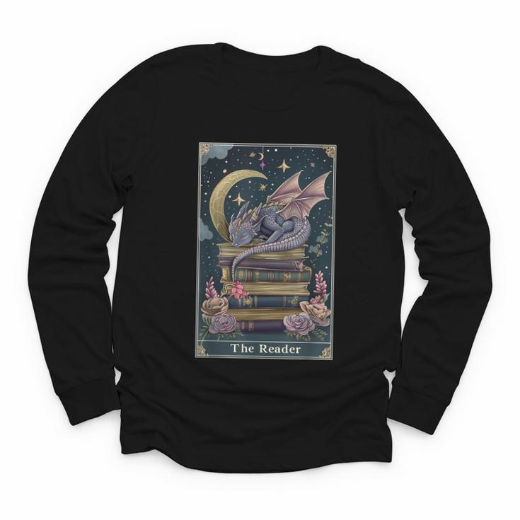 The Reader Tarot Card Book Dragon Romantasy Fantasy Bookish Youth Long Sleeve Tee