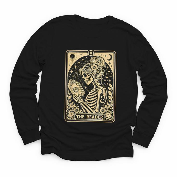 The Reader Tarot Card Book Lover Skeleton Reading Book Youth Long Sleeve Tee