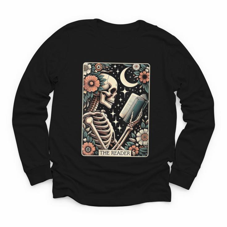 The Reader Tarot Card Skeleton Reading Book Bookworm Bookish Youth Long Sleeve Tee