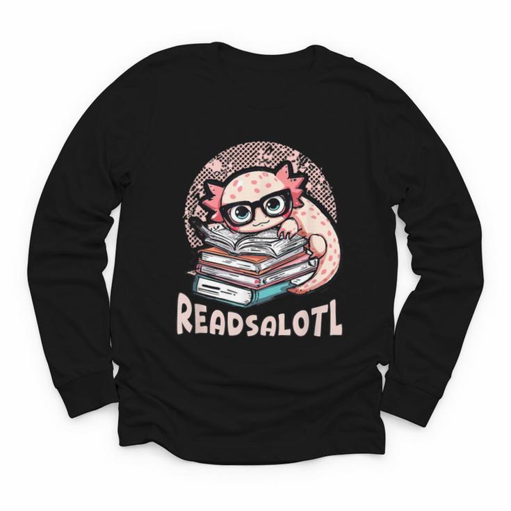 Readsalotl Axolotl Reading Books Glasses Bookworm Pun Fun Youth Long Sleeve Tee