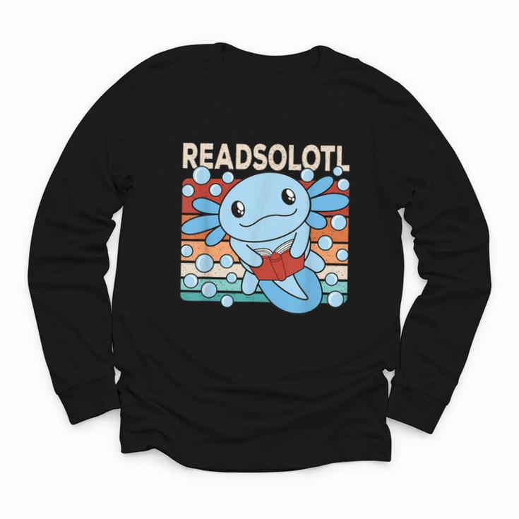 Readsolotl Blue Kawaii Axolotl Book Lover Reading Retro Youth Long Sleeve Tee