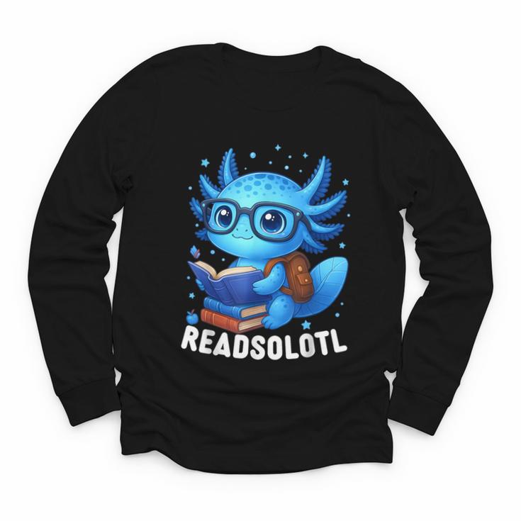 Readsolotl Blue Kawaii Axolotl Book Lover Reading Youth Long Sleeve Tee