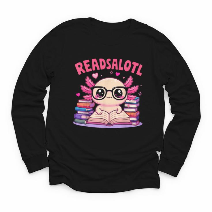 Readsolotl Pink Kawaii Axolotl Book Lover Reading Youth Long Sleeve Tee