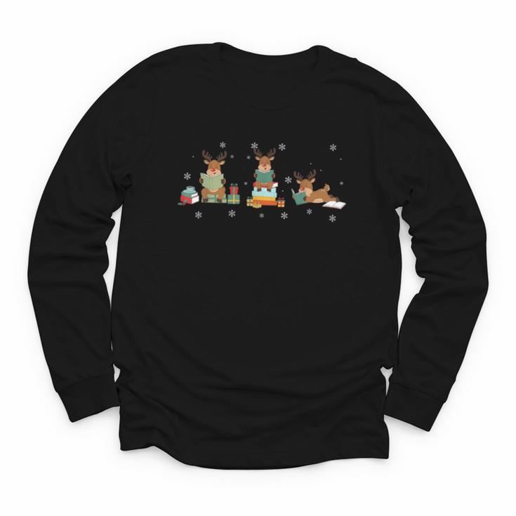 Reindeer Reading Books Christmas Library Classroom Youth Long Sleeve Tee