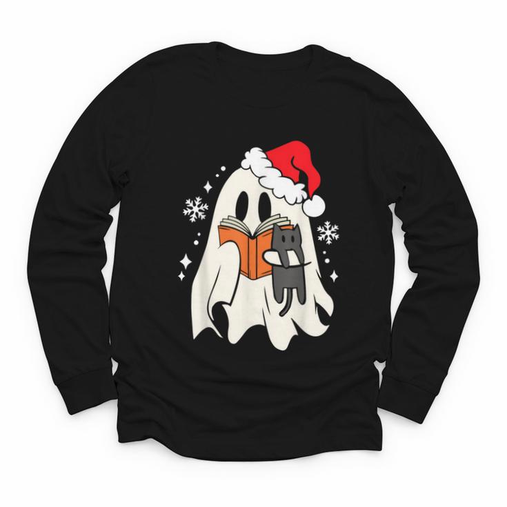 Retro Ghost Reading Book With Cat Bookish Club Christmas Men Women Kids Youth Long Sleeve Tee