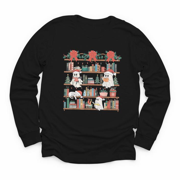 Retro Ghost Reading Book Teacher Librarian Bookish Christmas Youth Long Sleeve Tee