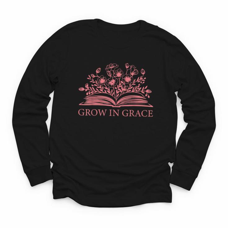 Retro Grow In Grace Wildflower Book Christian Bible Verse Youth Long Sleeve Tee