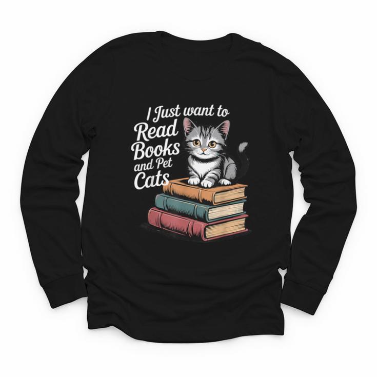 Retro I Just Want To Read Books And Pet Cats Cat For Men Women Kids Youth Long Sleeve Tee