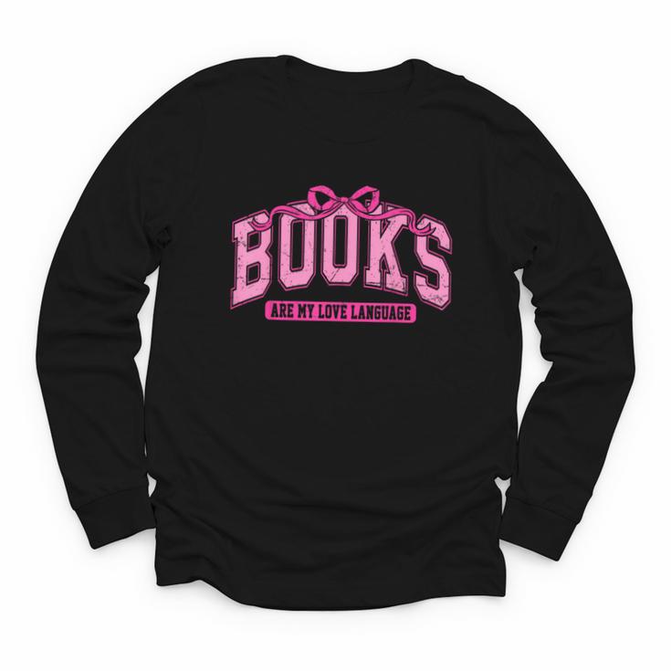 Retro Pink Coquette Bow Valentine Book Lover Varsity Youth Long Sleeve Tee
