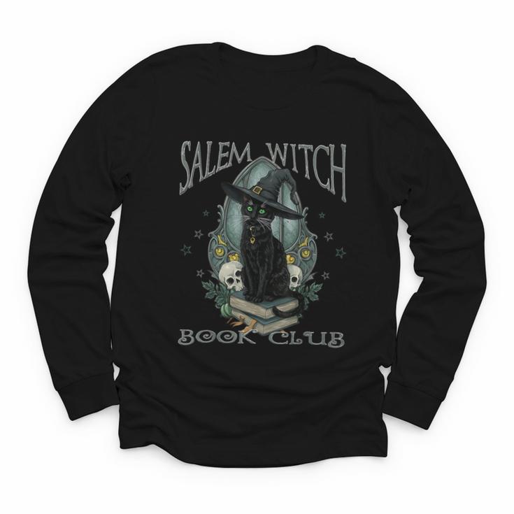 Salem Witch Book Club Cat Reading Witchy Halloween Men Youth Long Sleeve Tee
