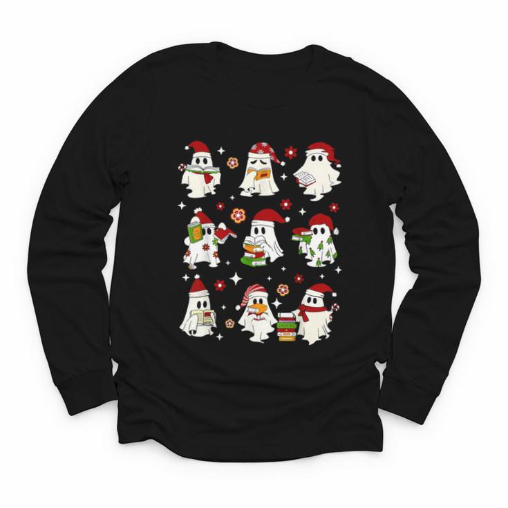 Santa Ghost Reading Books Christmas Library Teacher Youth Long Sleeve Tee