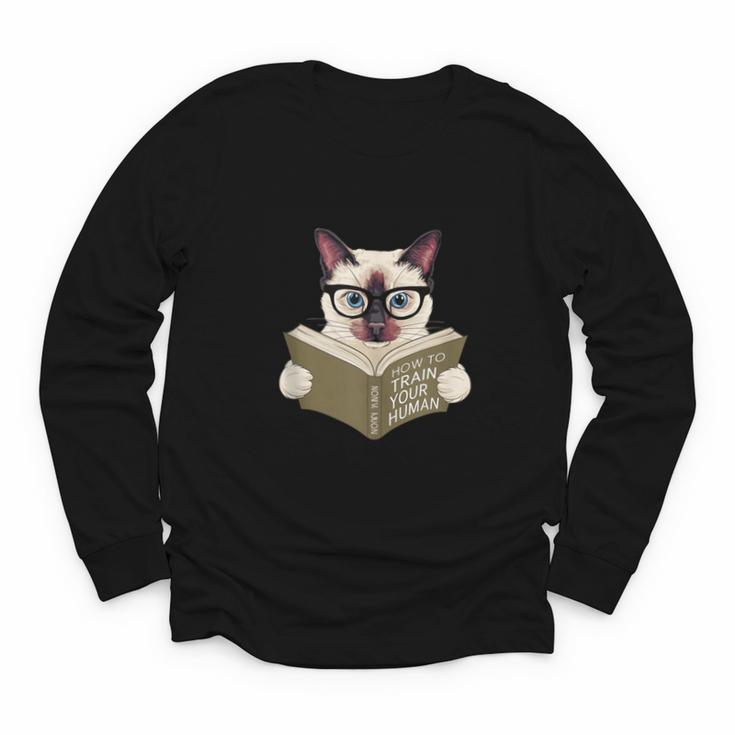 Siamese Cat Reading Book How To Train Your Human Humorous Youth Long Sleeve Tee