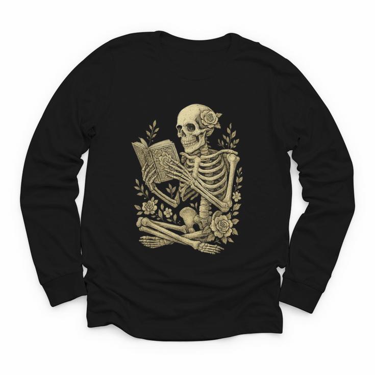 Skeleton Book Floral Skull Halloween Teacher Costume Youth Long Sleeve Tee