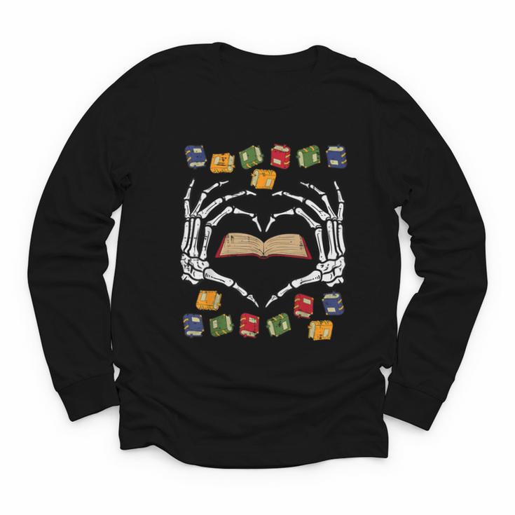 Skeleton Heart Read Reading Book Librarian Halloween Women Youth Long Sleeve Tee