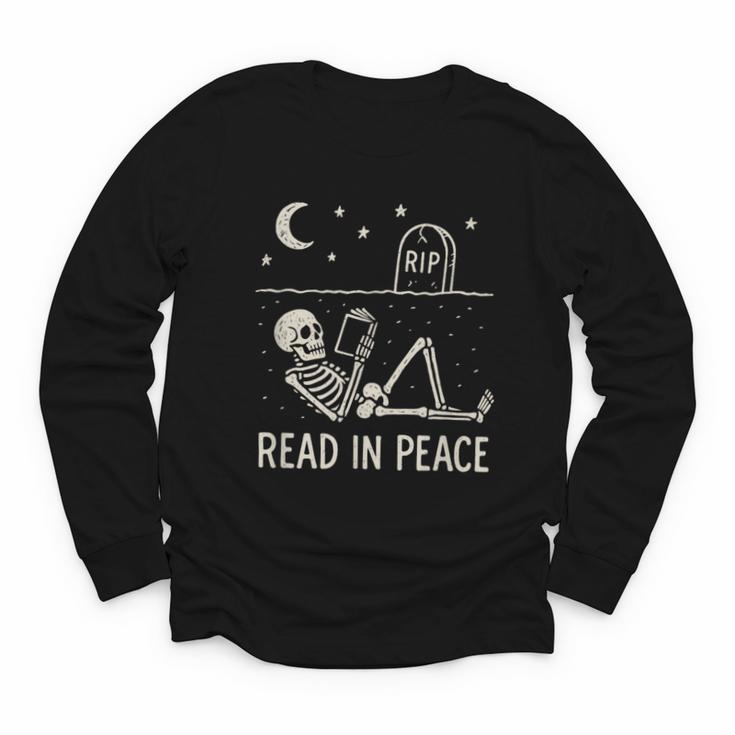 Skeleton Read In Peace Halloween Book Graphic Bookish Youth Long Sleeve Tee