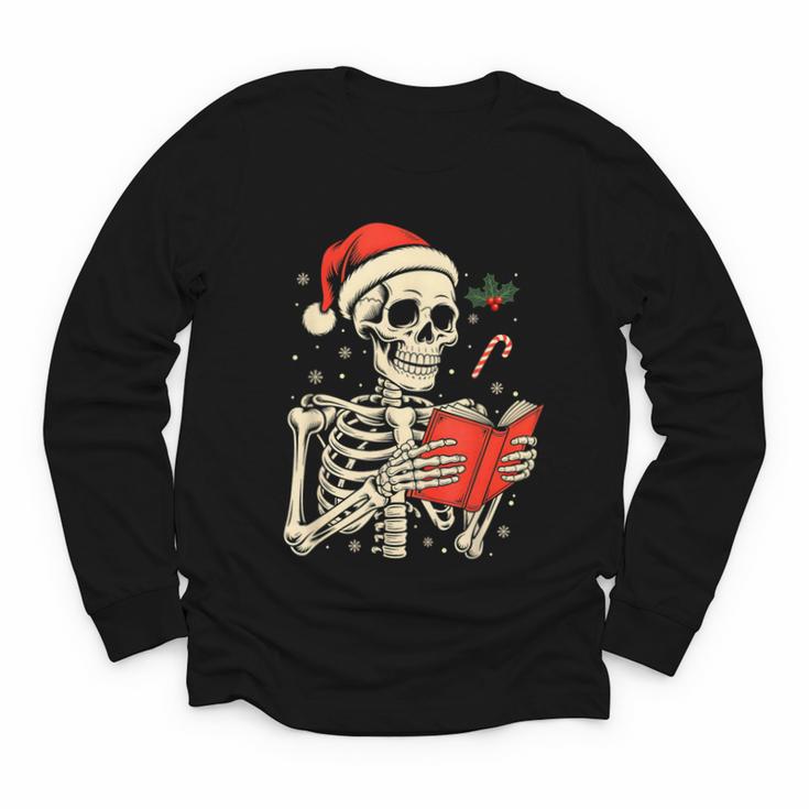 Skeleton Reading Book Christmas Teacher Librarian Book Lover Youth Long Sleeve Tee