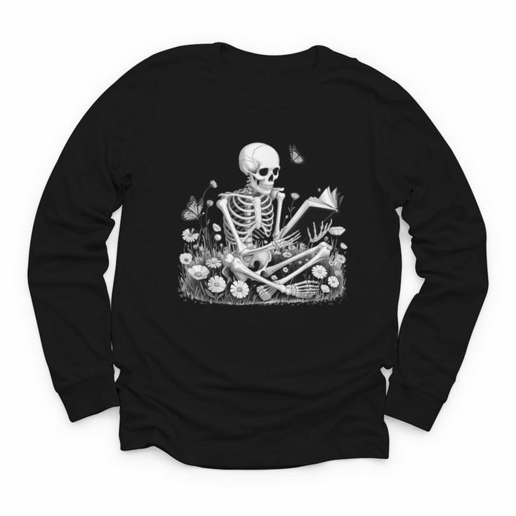 Skeleton Reading Book Floral Dark For Book Lovers Youth Long Sleeve Tee