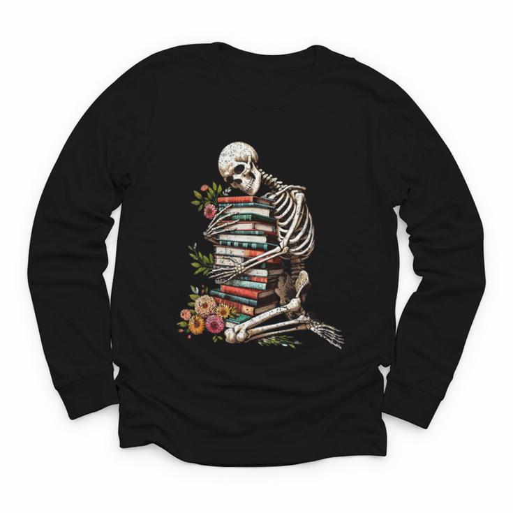 Skeleton Reading Book Halloween Bookworm Bibliophile Reader Youth Long Sleeve Tee