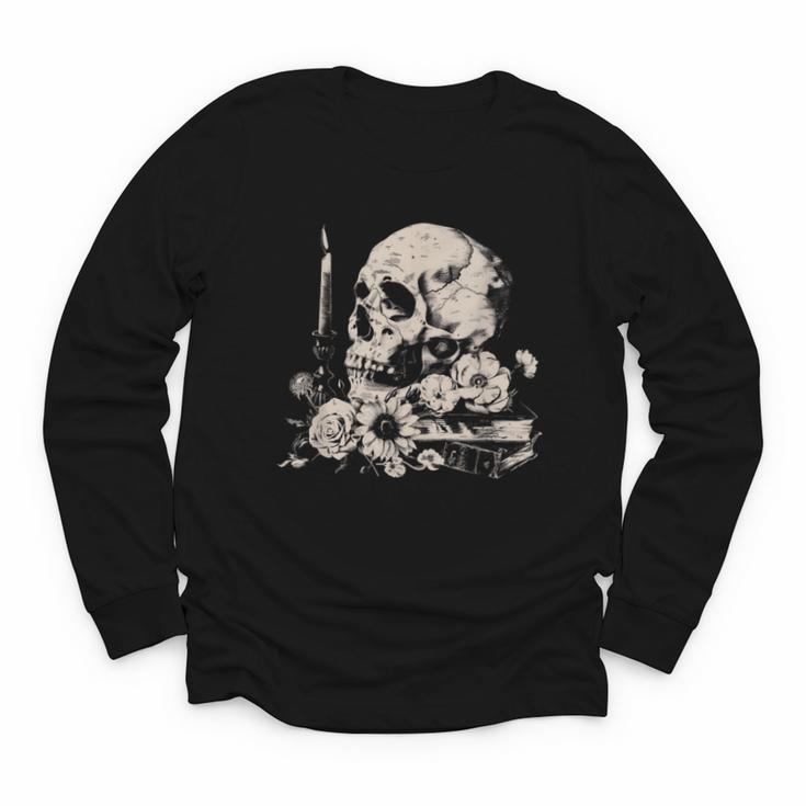 Skull Books Flowers Goth Reader Grunge Dark Alt Aesthetic Youth Long Sleeve Tee