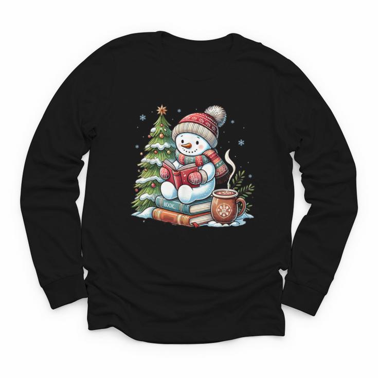 Snowman Reading Book Lovers Christmas Librarian Bookworm Youth Long Sleeve Tee