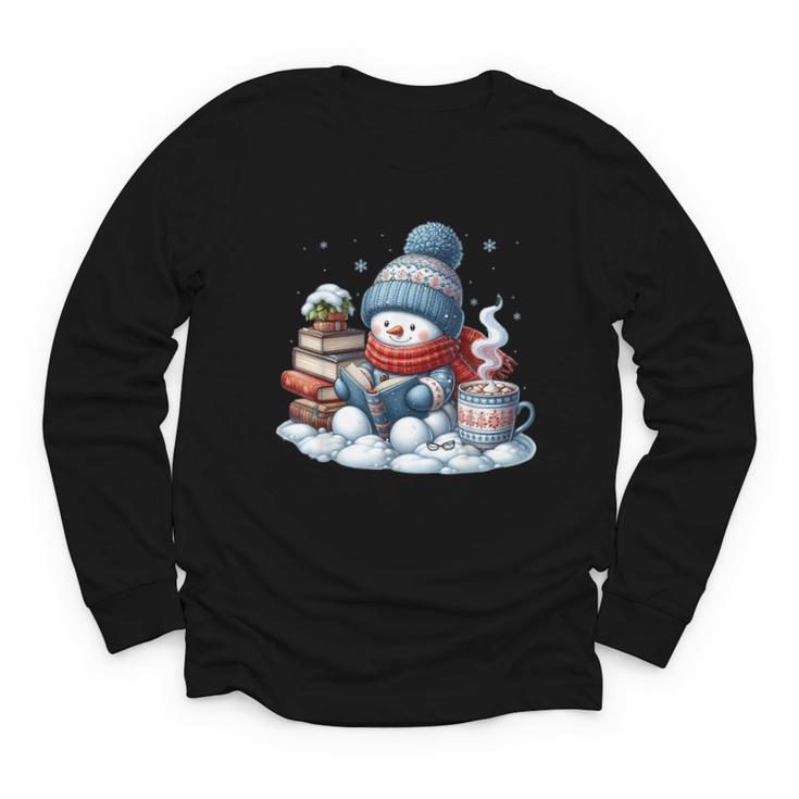 Snowman Reading Books Lovers Librarian Bookworm Christmas Youth Long Sleeve Tee