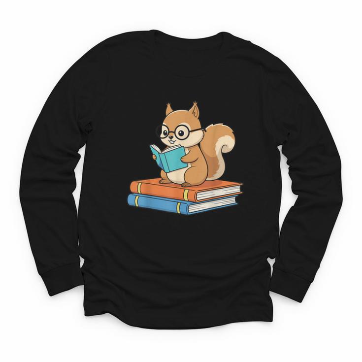 Squirrel Reading Book Glasses Bookworm Librarian Youth Long Sleeve Tee