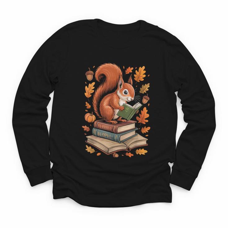 Squirrel Reading Book Lovers Fall Leaves Library Books Youth Long Sleeve Tee