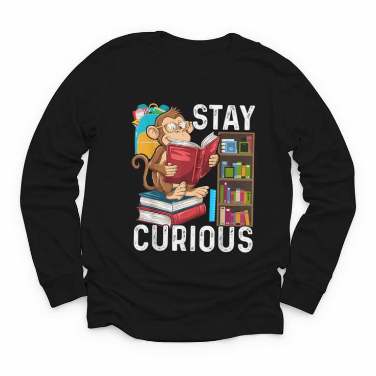 Stay Curious Monkey Reading Book Lover Bookworm Youth Long Sleeve Tee