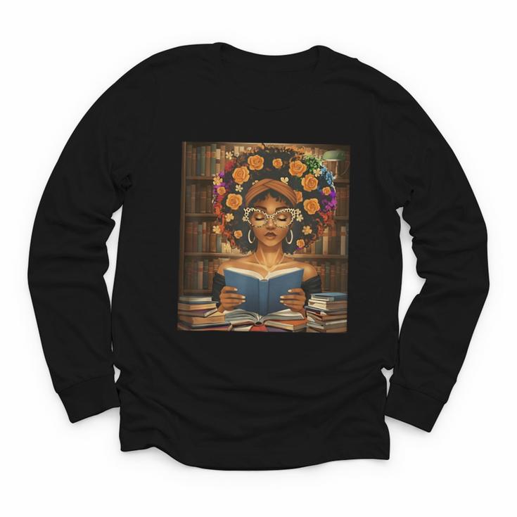 History Month Black Afro Girl Women Book Lovers Flower Youth Long Sleeve Tee