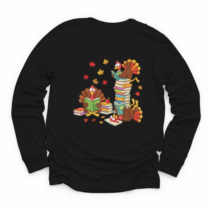Turkey Reading Books Fall Librarian Book Lover Teacher Kids Youth Long Sleeve Tee