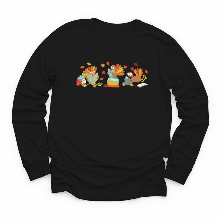 Turkey Reading Books Fall Thanksgiving Teacher Book Lovers Youth Long Sleeve Tee