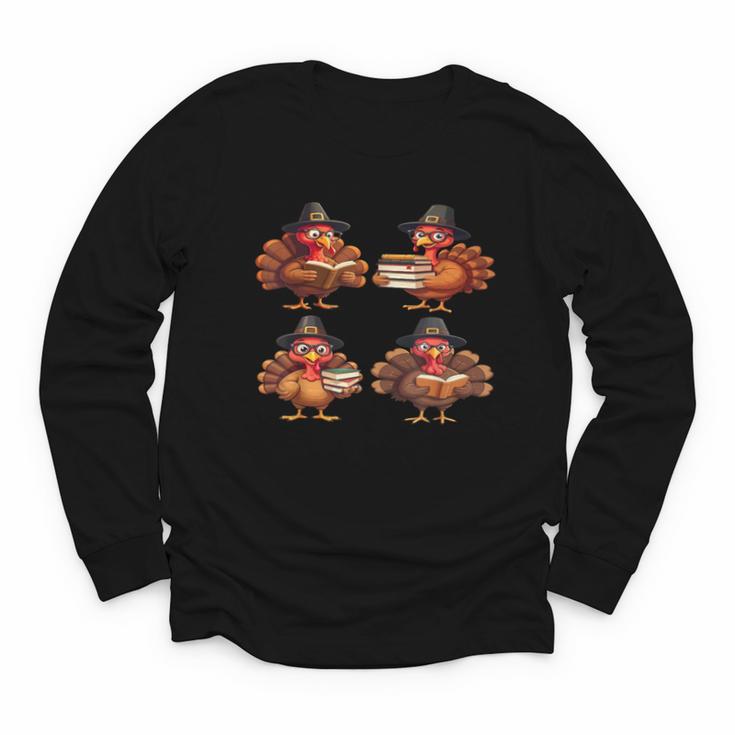 Turkey Reading Books Shirt Thanksgiving Turkey Bookworm Youth Long Sleeve Tee