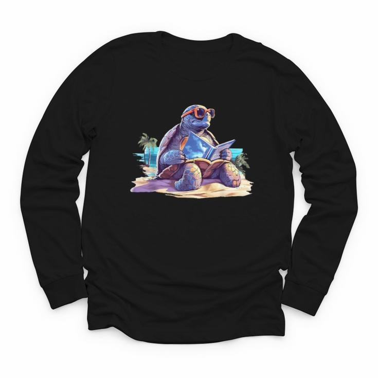 Turtle Wearing Sunglasses Reading A Book On The Beach Summer Youth Long Sleeve Tee