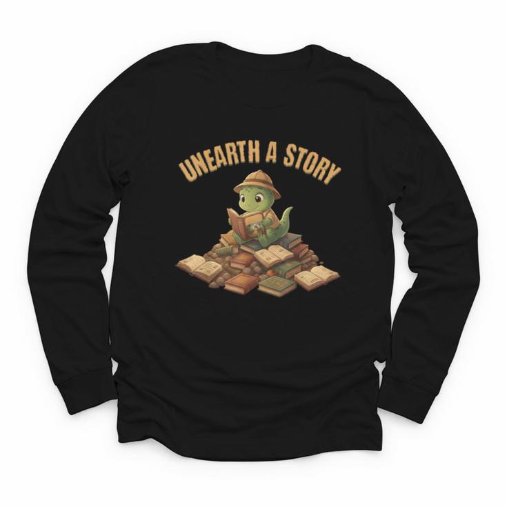 Unearth a Story Dinosaur Reading Books Summer 2026 Youth Long Sleeve Tee