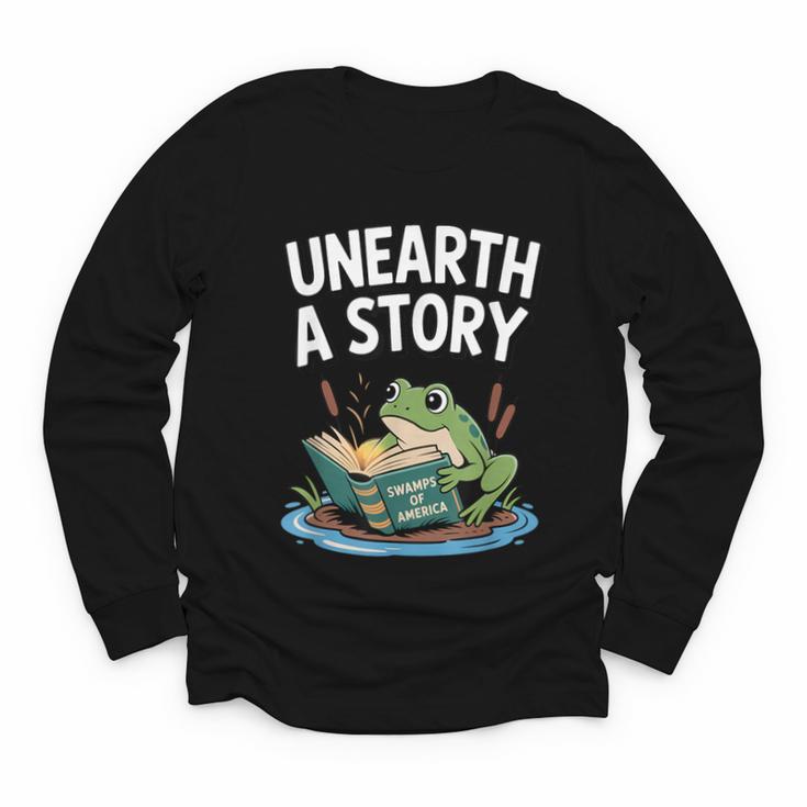 Unearth a Story Frog Reading a Book Summer 2026 Youth Long Sleeve Tee