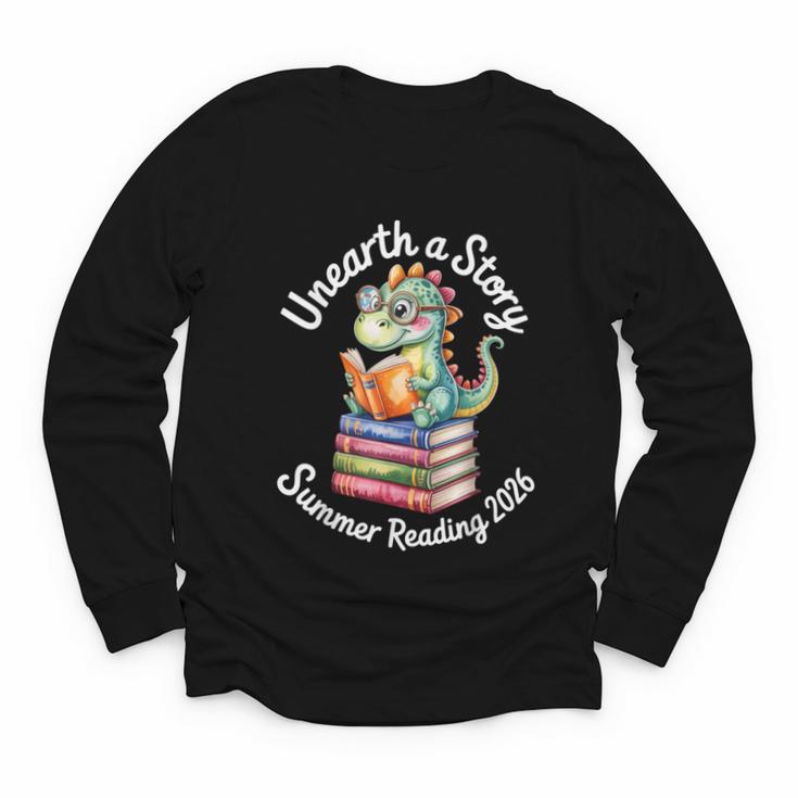 Unearth a Story Summer Reading 2026 Book Lover Dino Fun Youth Long Sleeve Tee