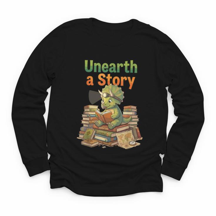 Unearth a Story Triceratops Dinosaur Reading Books Cute Dino Youth Long Sleeve Tee