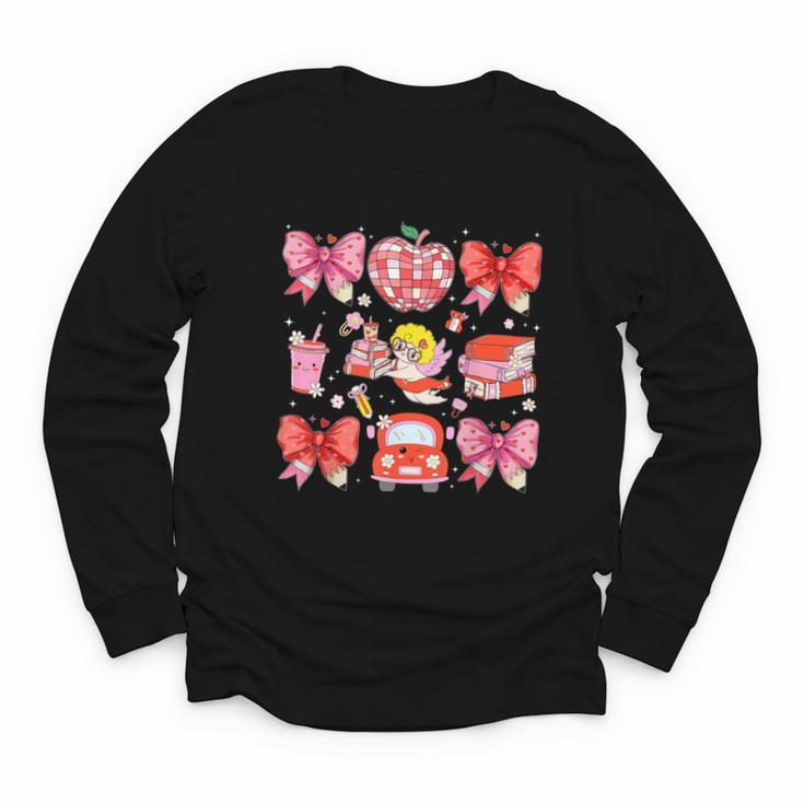 Valentine Cupid Coquette Pink Bow Apple Books Teacher Youth Long Sleeve Tee